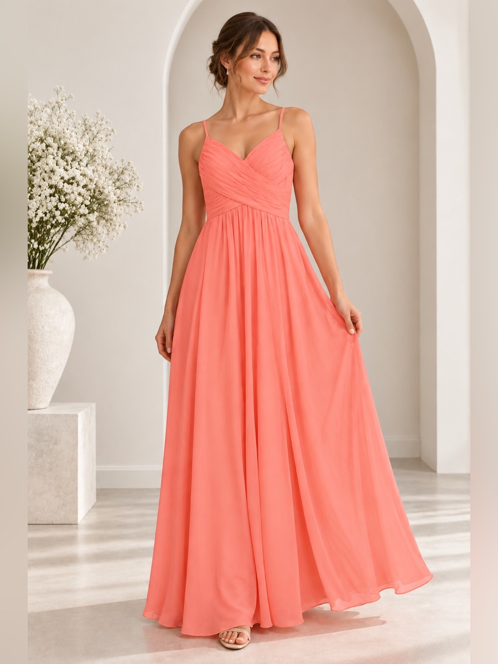 Azazie Coral Peach Chiffon Maxi Bridesmaid Formal Dress Size L
